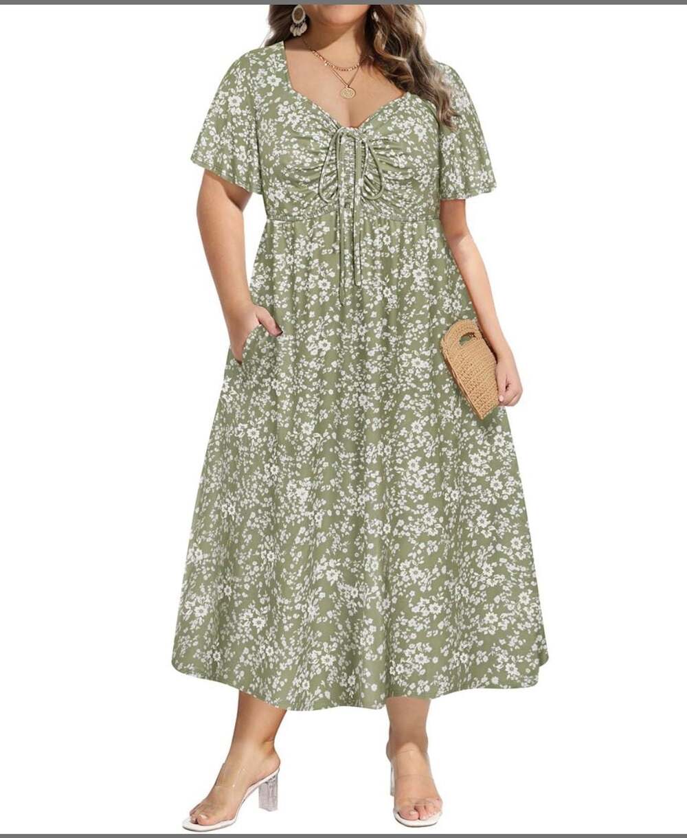 CARCOS Plus Size Floral Maxi Dress 3X Green Boho Summer Empire Waist Pockets